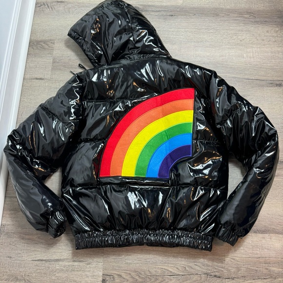 Trollz Puffer Jacket Patent Black Rainbow Pride Large 6ix9ine x Niki Minaj Shiny - Picture 1 of 6